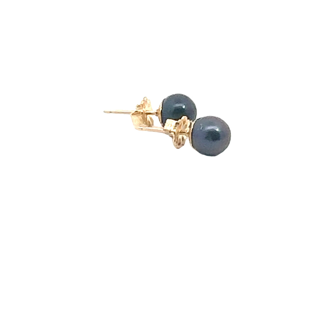 Freshwater Cultured Black Pearl Stud Earrings on white, left side overview