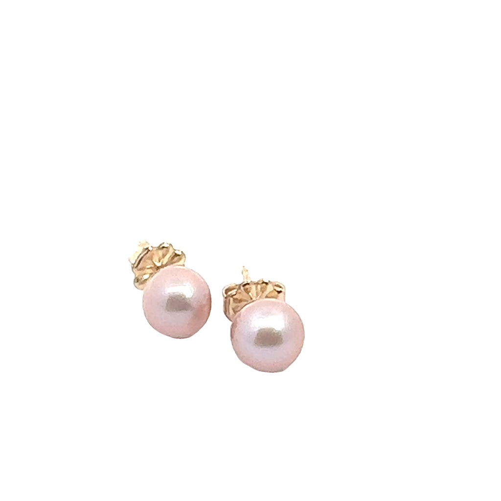 Freshwater Cultured Natural Pink Pearl Stud Earrings on white front angled overview