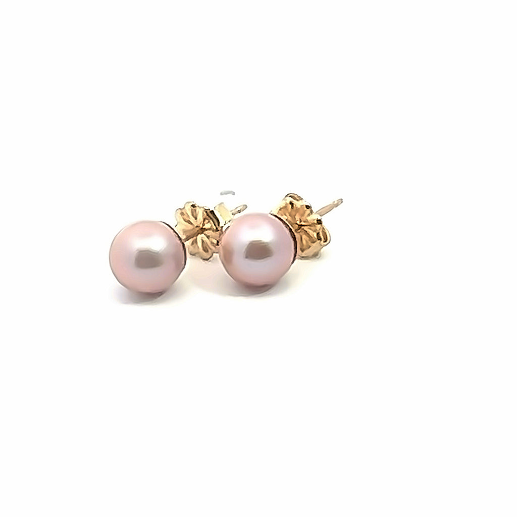 Freshwater Cultured Natural Pink Pearl Stud Earrings on white front center angled  overview