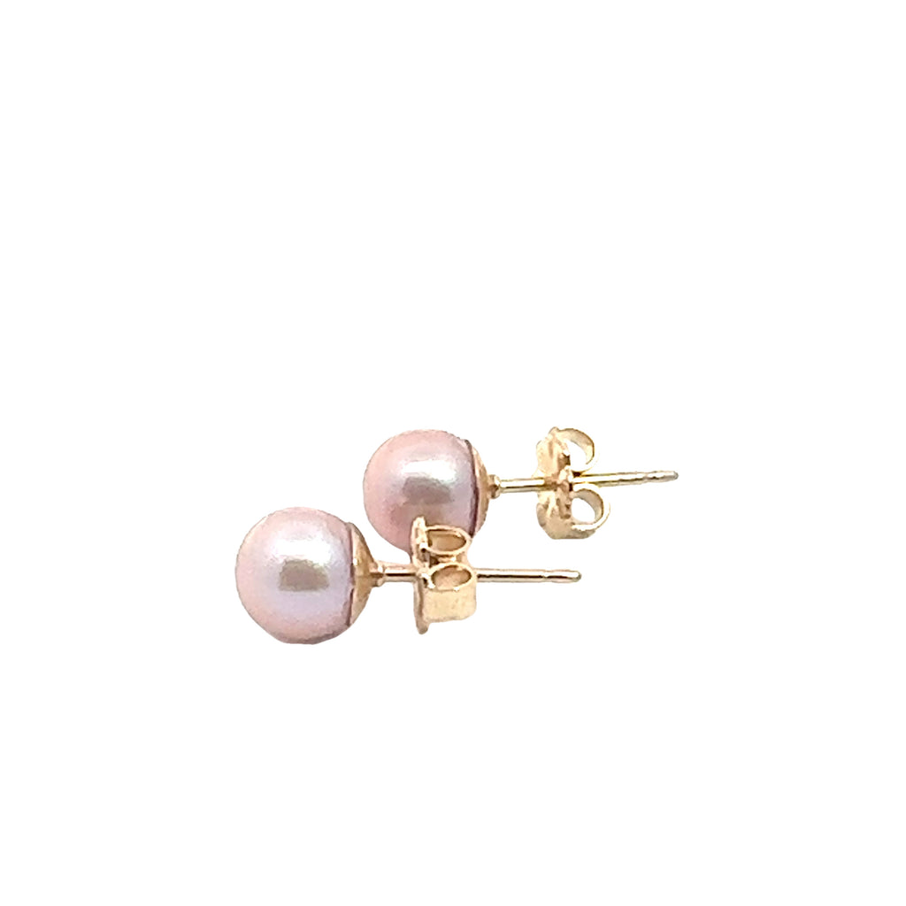 Freshwater Cultured Natural Pink Pearl Stud Earrings on white right side overview