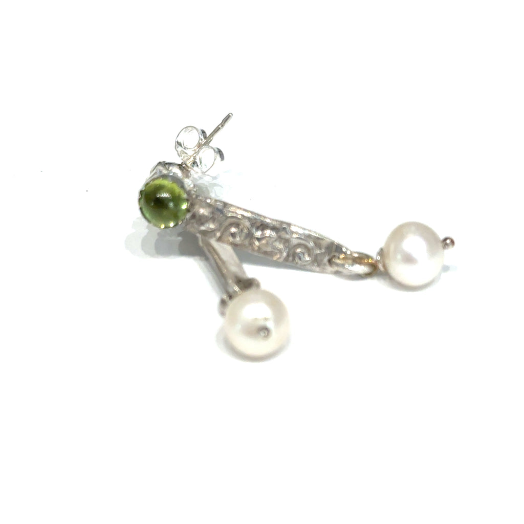 Freshwater Pearl & Peridot Gemstone Earrings  on white center  close up overview