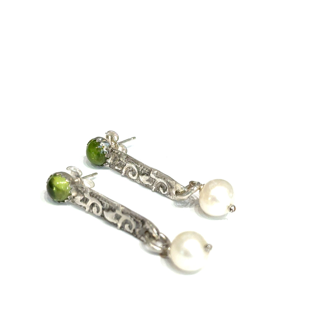 Freshwater Pearl & Peridot Gemstone Earrings on white center overview
