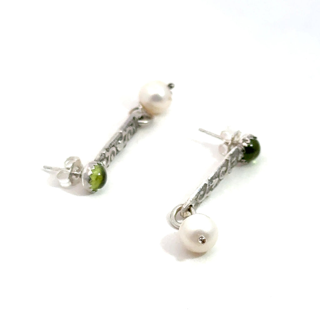 Freshwater Pearl & Peridot Gemstone Earrings  on white  close up overview