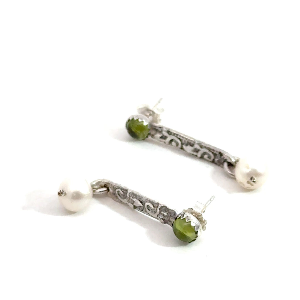 Freshwater Pearl & Peridot Gemstone Earrings  on white  overview
