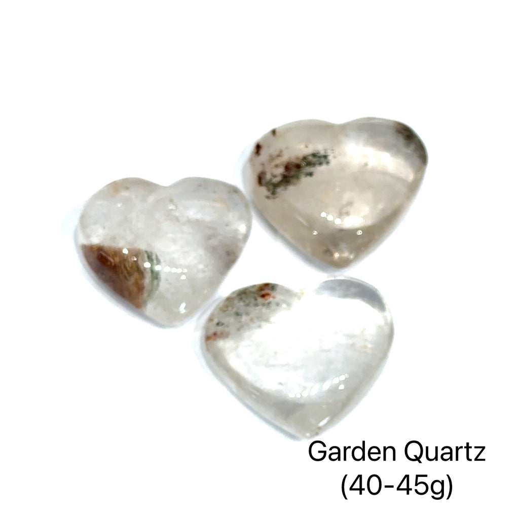 Garden Quartz Heart Carving on white grouping of 40-45g overview
