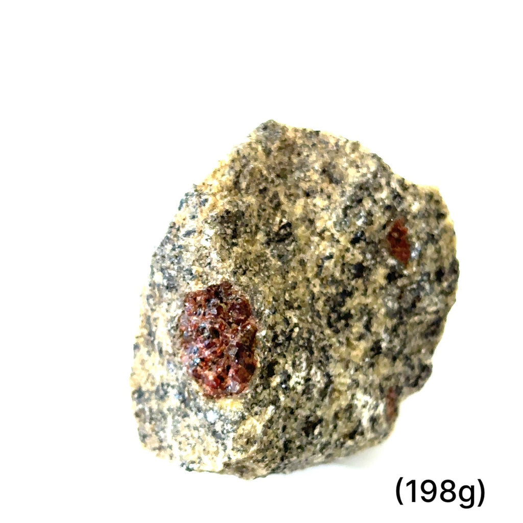 Garnet crystal mined in New York Adirondacks for protection and guidance (198g) on white overview