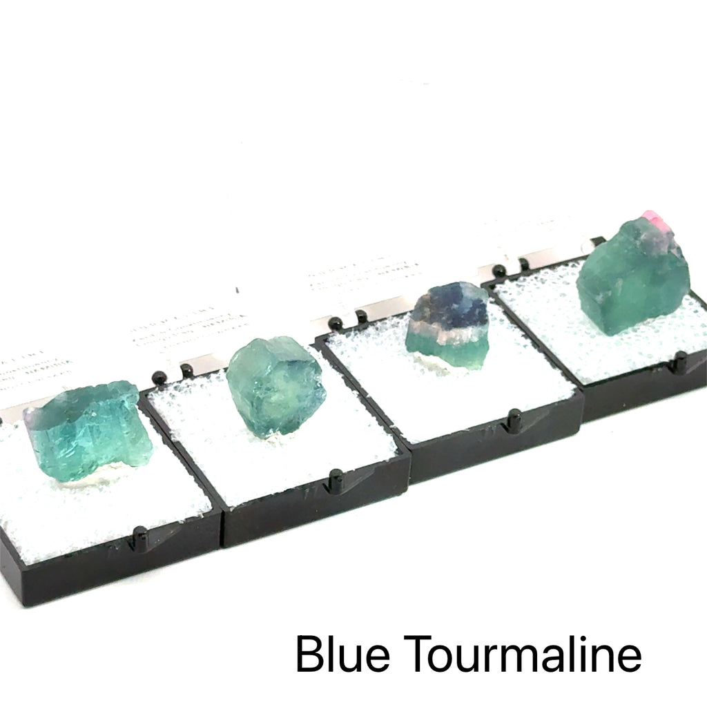 Genuine Blue Tourmaline Raw Gemstone on white grouping of gemstone in perky box
