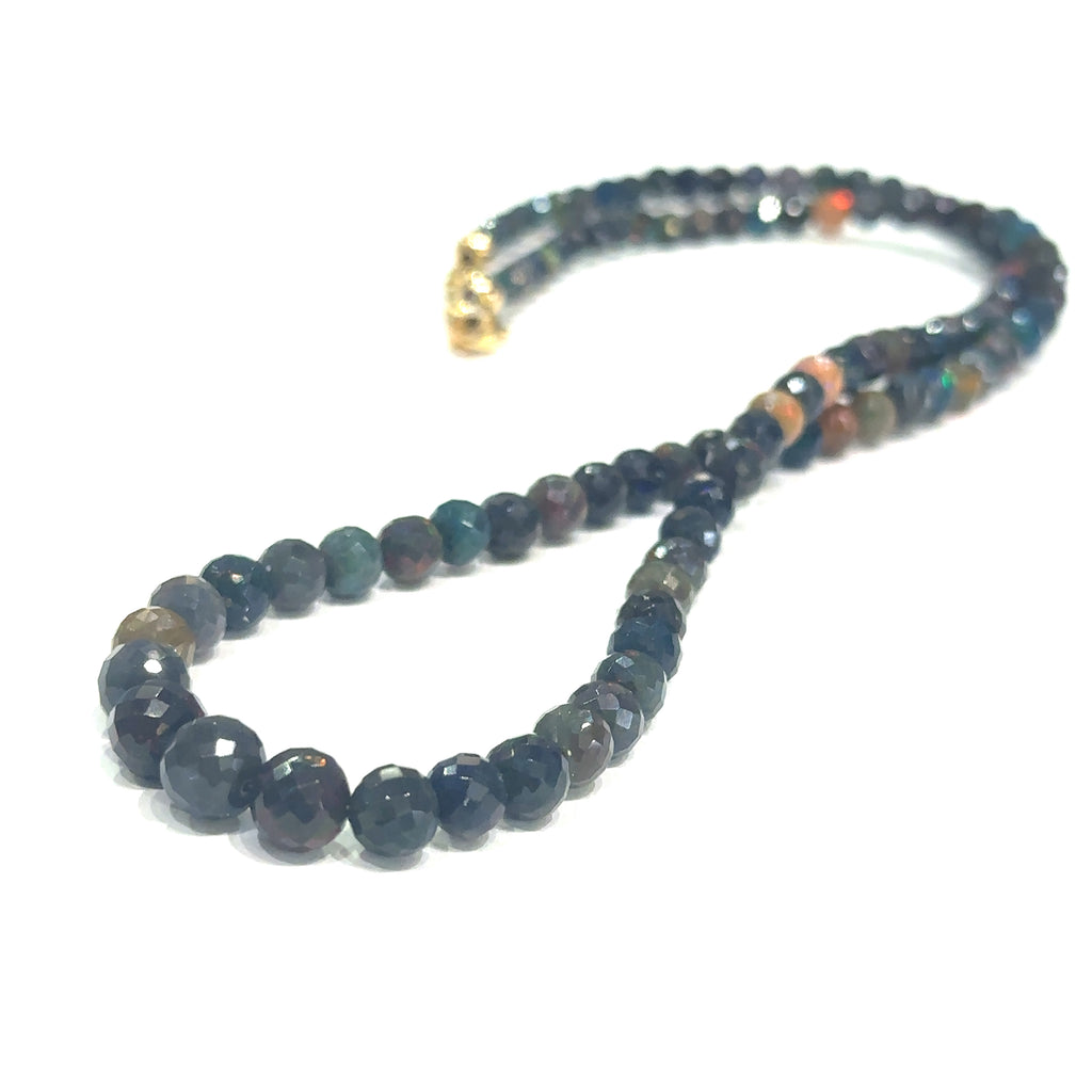 Genuine Ethiopian Black Opal faceted gemstone necklace with gold‑filled lobster clasp, 18 inches long on white long center overview