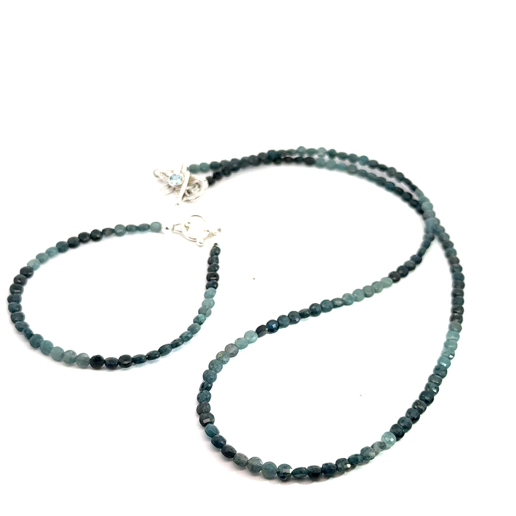 Genuine Grandidierite Gemstone Bracelet  with matching necklace on white front overview
