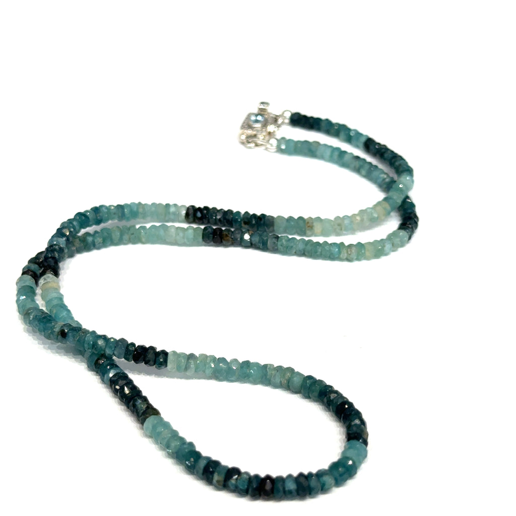 Genuine Grandidierite Gemstone Necklace on white up close up  of front overview