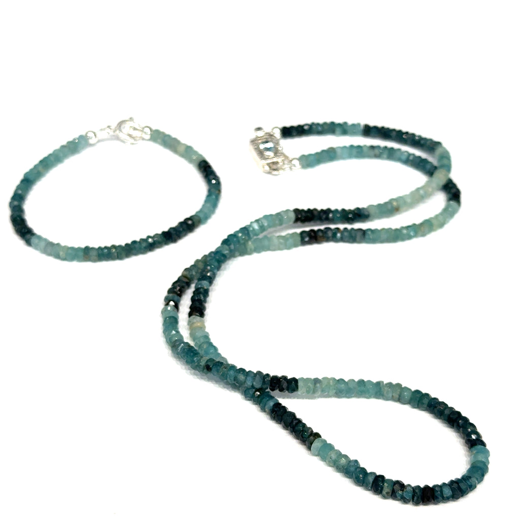 Genuine Grandidierite Gemstone Necklace with matching bracelet on white up close up  of front overview