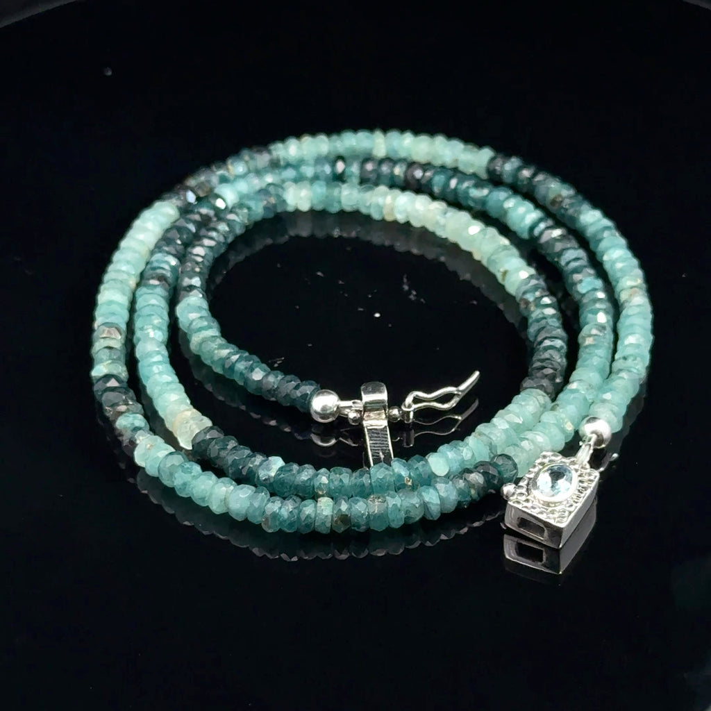 Genuine Grandidierite Gemstone Necklacet on black up close up  of front overview