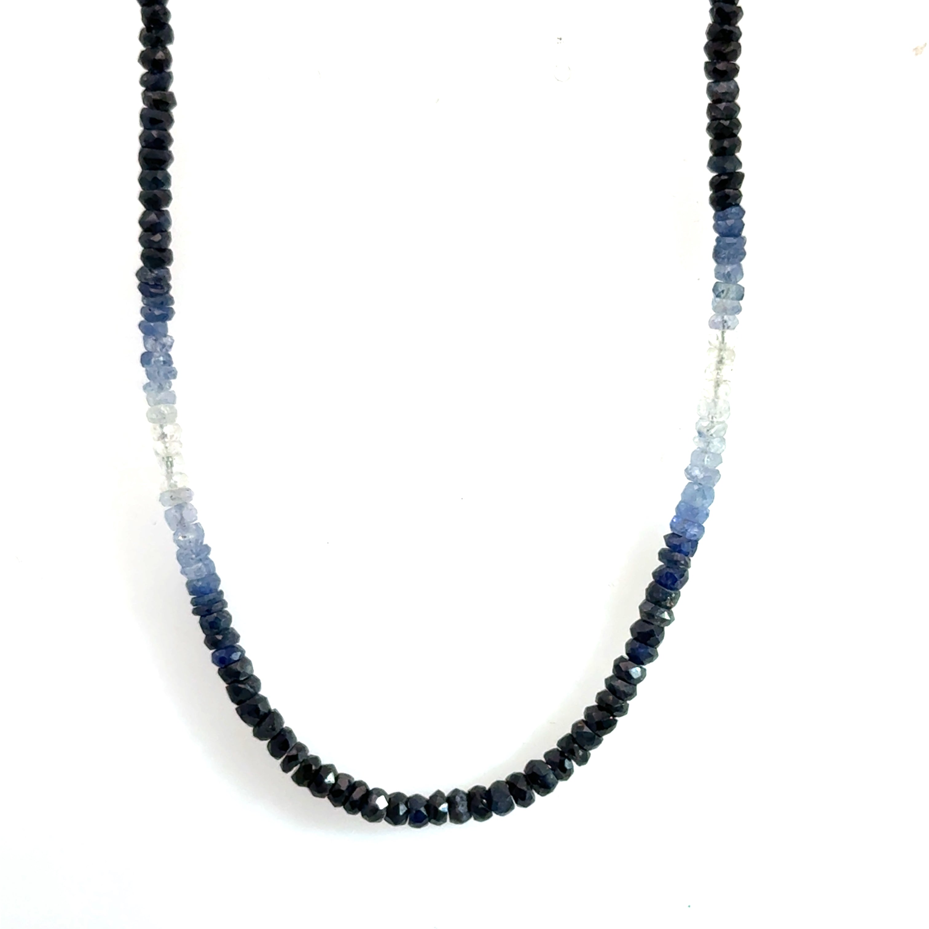 Genuine Sapphire gemstone necklace with a sterling silver toggle clasp by Hidden Jewel on a white background, center long, hanging overview.