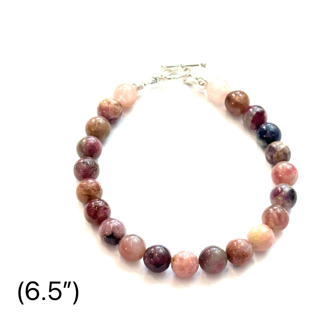 Genuine Watermelon Tourmaline Gemstone Bracelet on white 6mm 6.5'' gemstone center overview