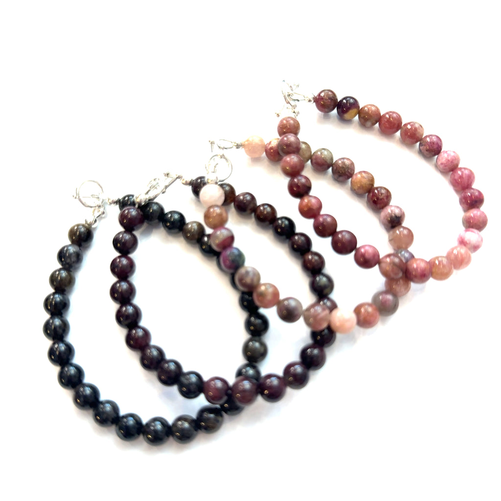 Genuine Watermelon Tourmaline Gemstone Bracelet on white grouping 6mm gemstone center overview