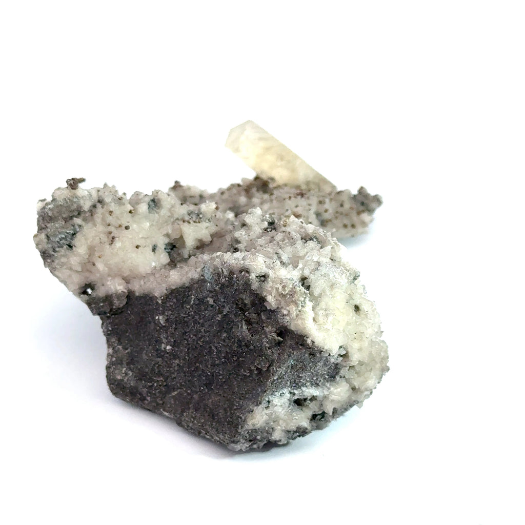 Golden Calcite on Dolomite with Chalcopyrite on white  back view