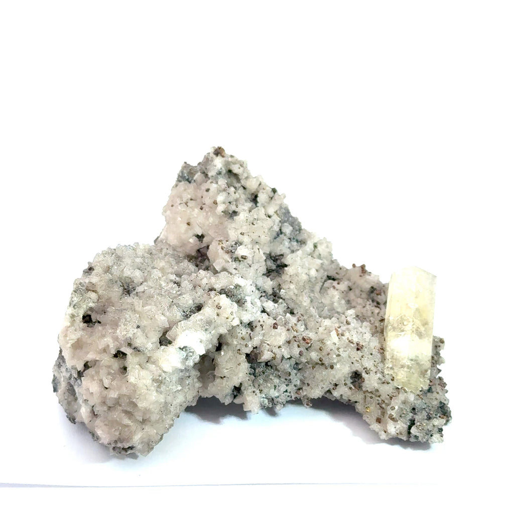 Golden Calcite on Dolomite with Chalcopyrite on white  front view