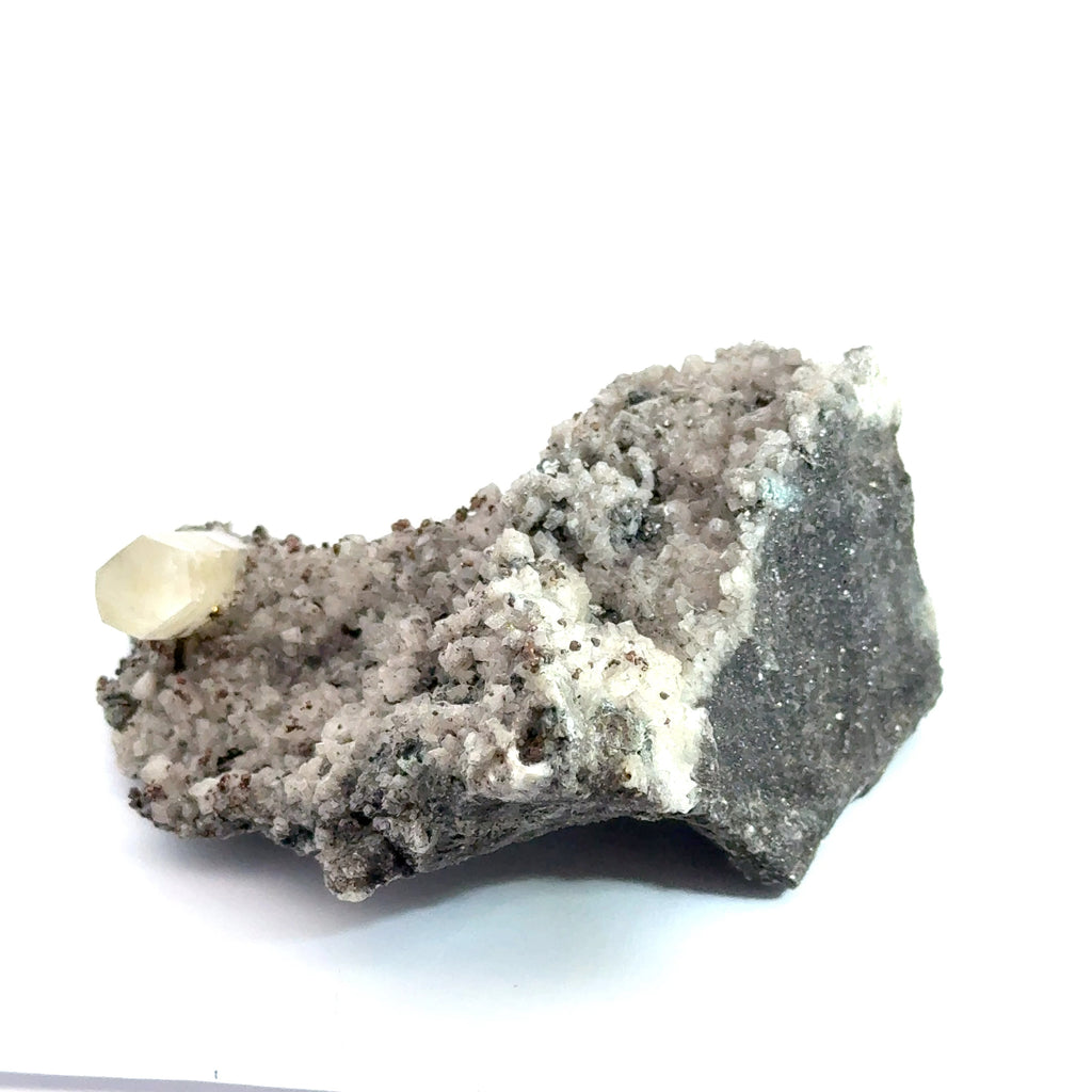 Golden Calcite on Dolomite with Chalcopyrite on white  left side back view
