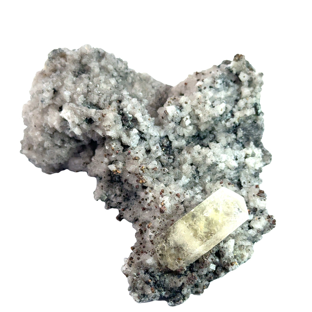 Golden Calcite on Dolomite with Chalcopyrite on white  left side close up view