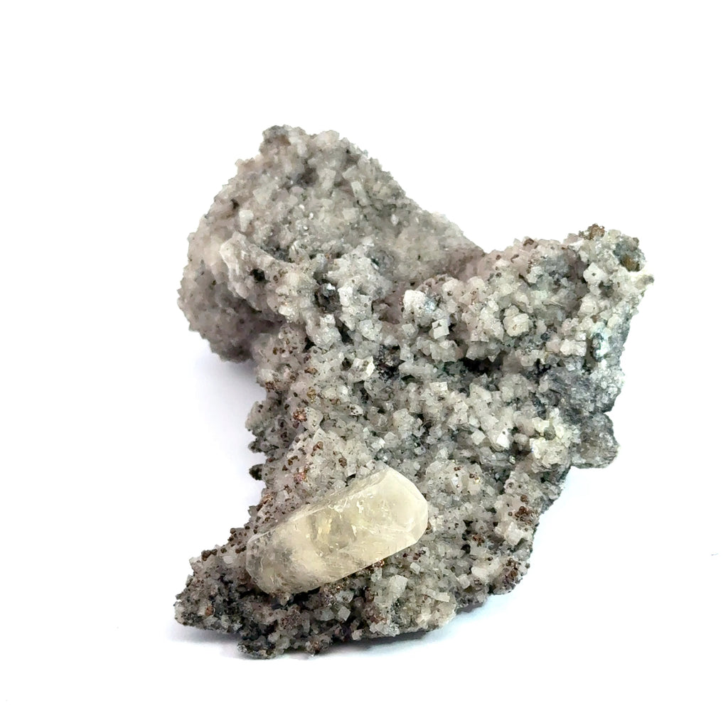 Golden Calcite on Dolomite with Chalcopyrite on white  left side view