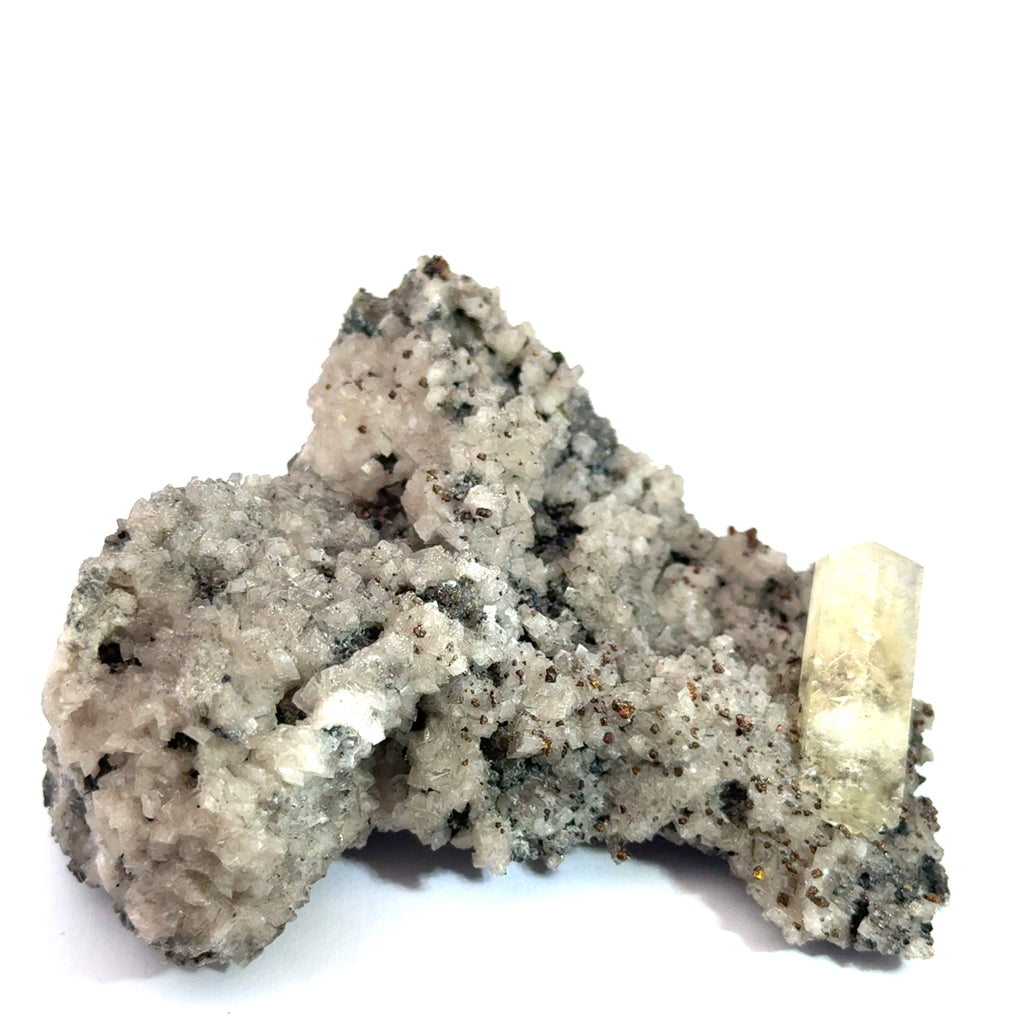 Golden Calcite on Dolomite with Chalcopyrite on white up close front view