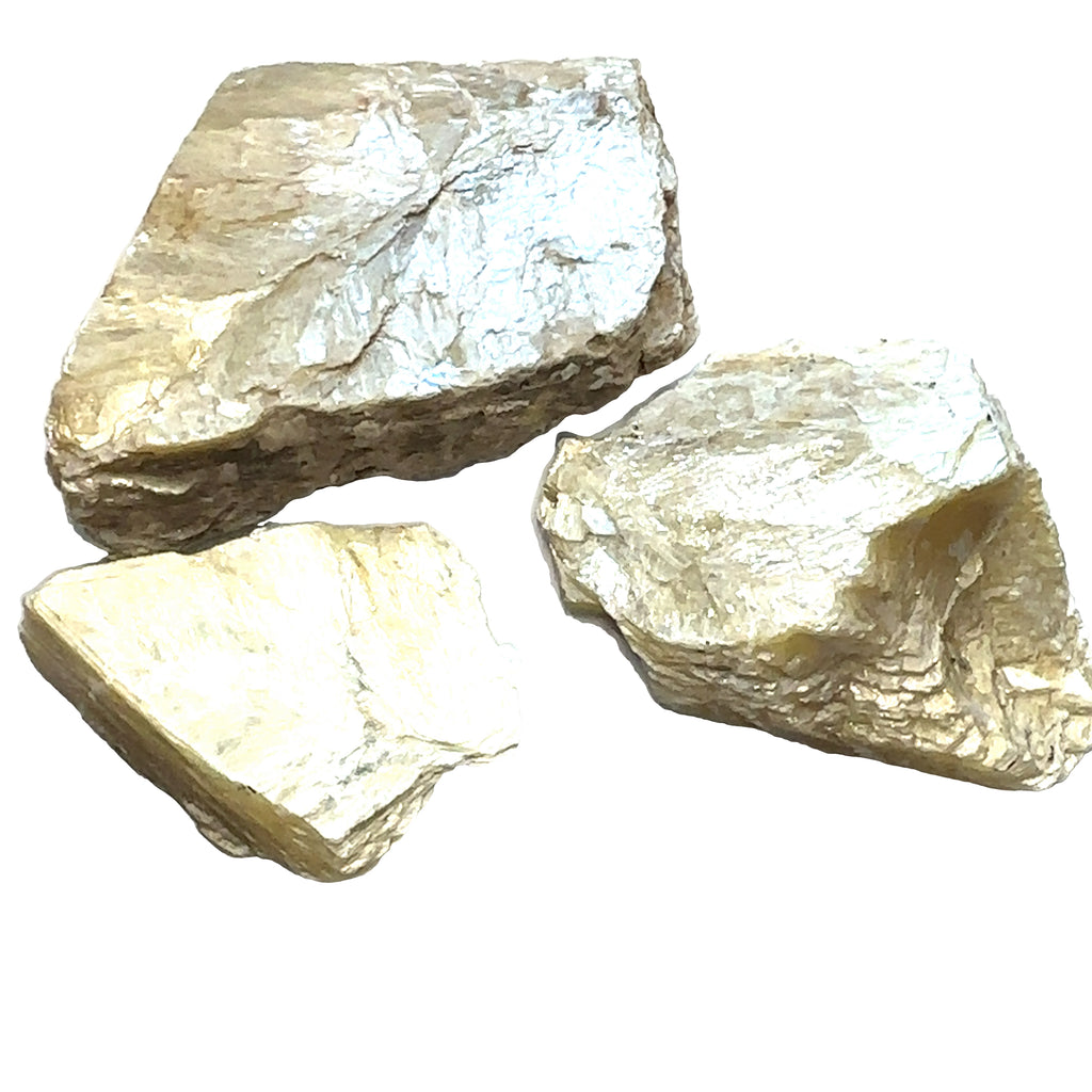 Golden Mica Raw Gemstone grouping on white front overview