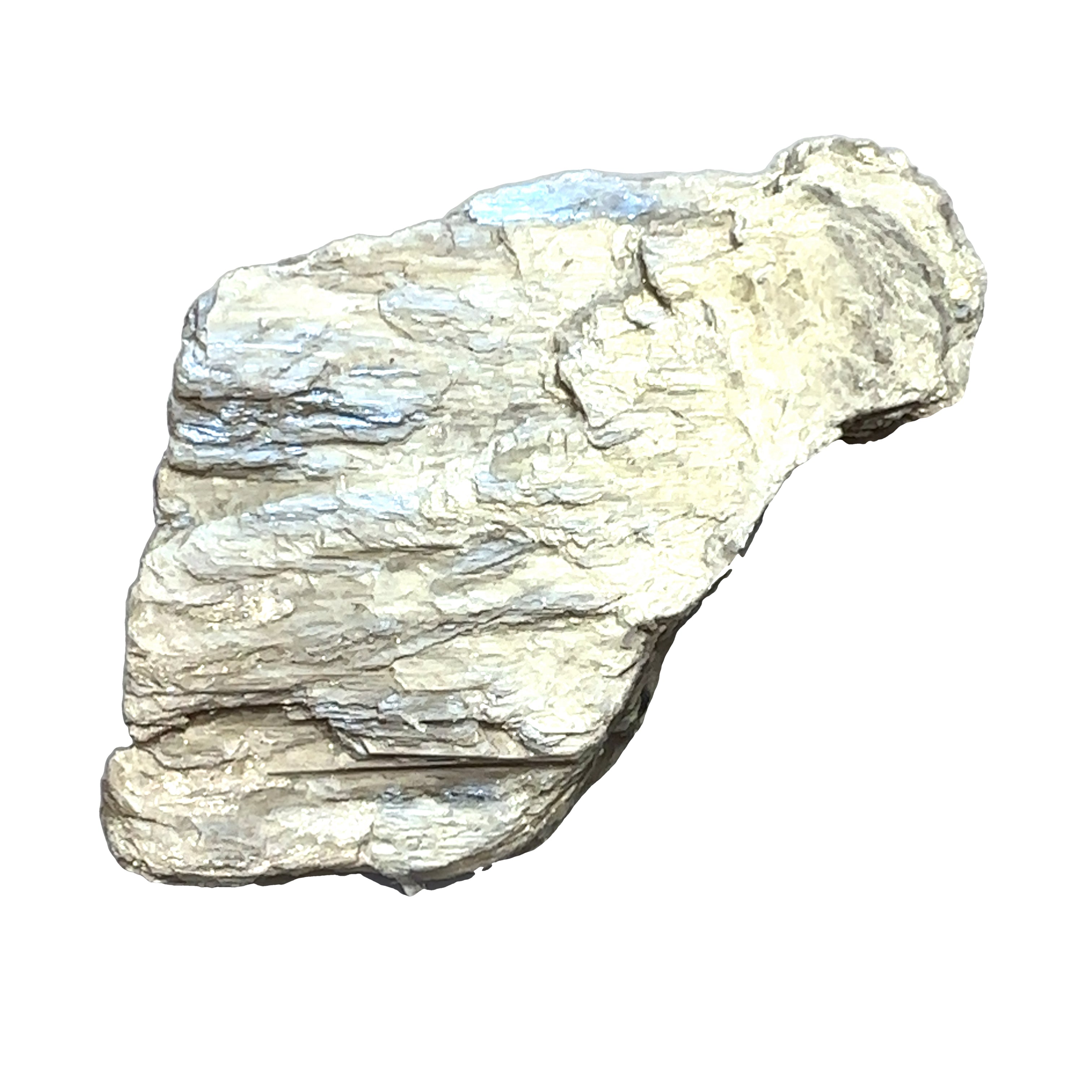 Golden Mica Raw Gemstone on white front long overview