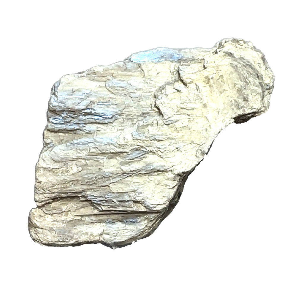 Golden Mica Raw Gemstone on white front long overview