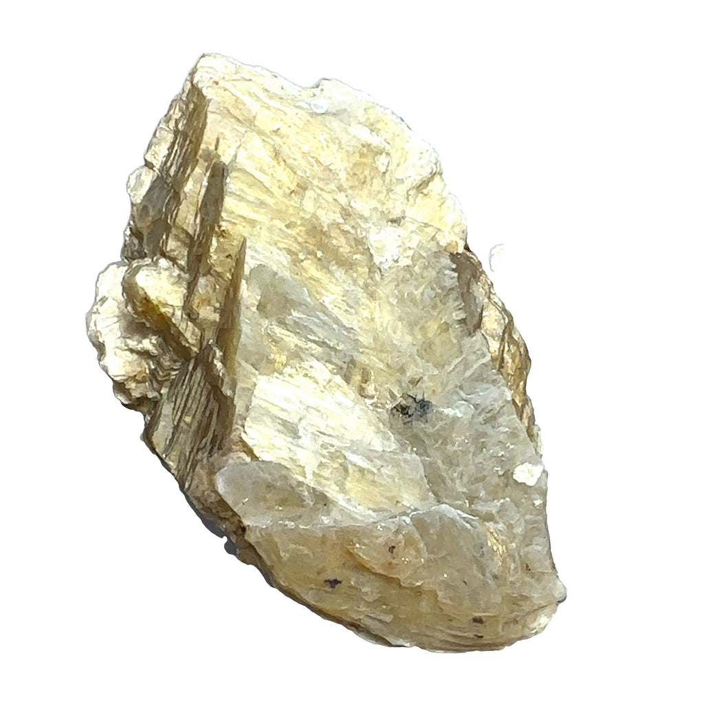 Golden Mica Raw Gemstone on white front top long overview