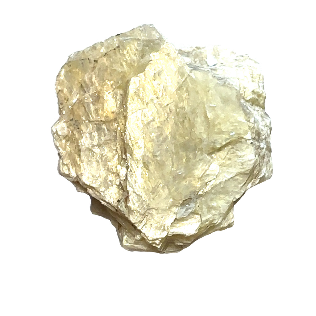 Golden Mica Raw Gemstone on white front top overview