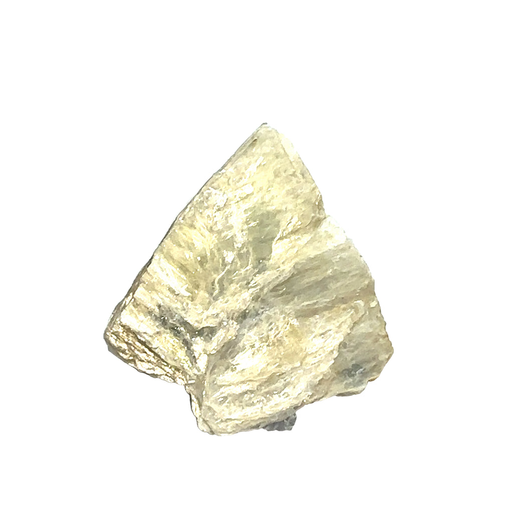 Golden Mica Raw Gemstone on white top overview
