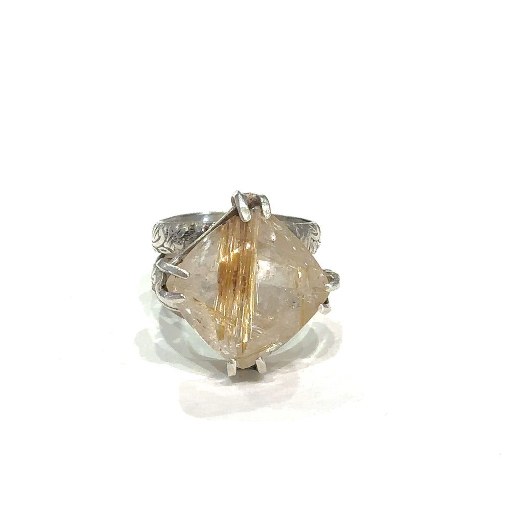 Golden Rutile gemstone ring in sterling silver with faceted square quartz stone, size 7.5 on white front view