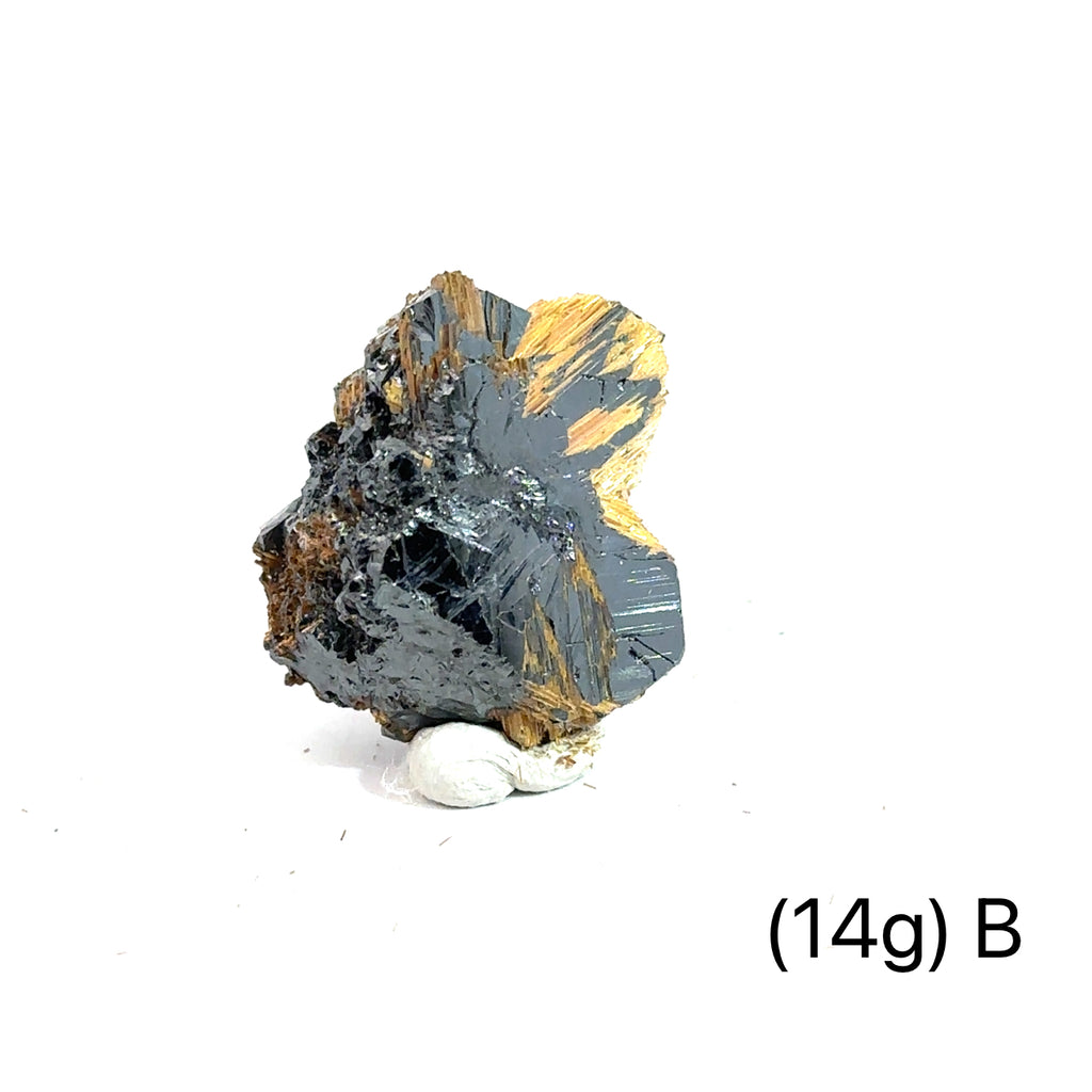 Golden Rutile with Hematite Raw Gemstone (14g ) B on white overview