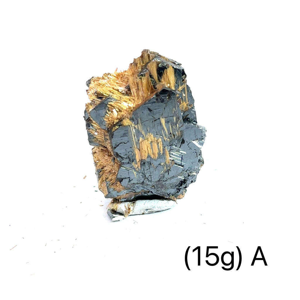 Golden Rutile with Hematite Raw Gemstone (15g ) A on white overview