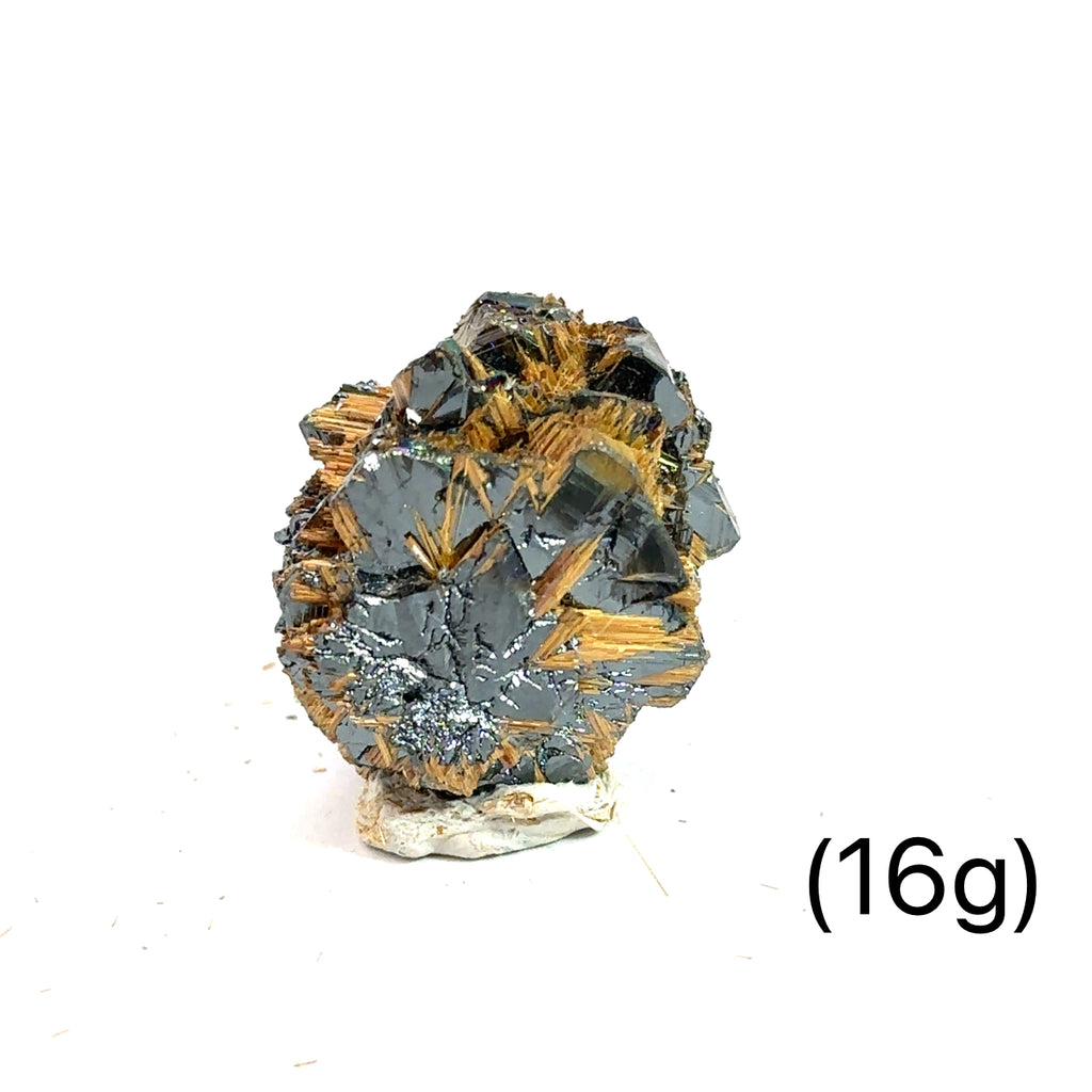 Golden Rutile with Hematite Raw Gemstone (16g )  on white overview