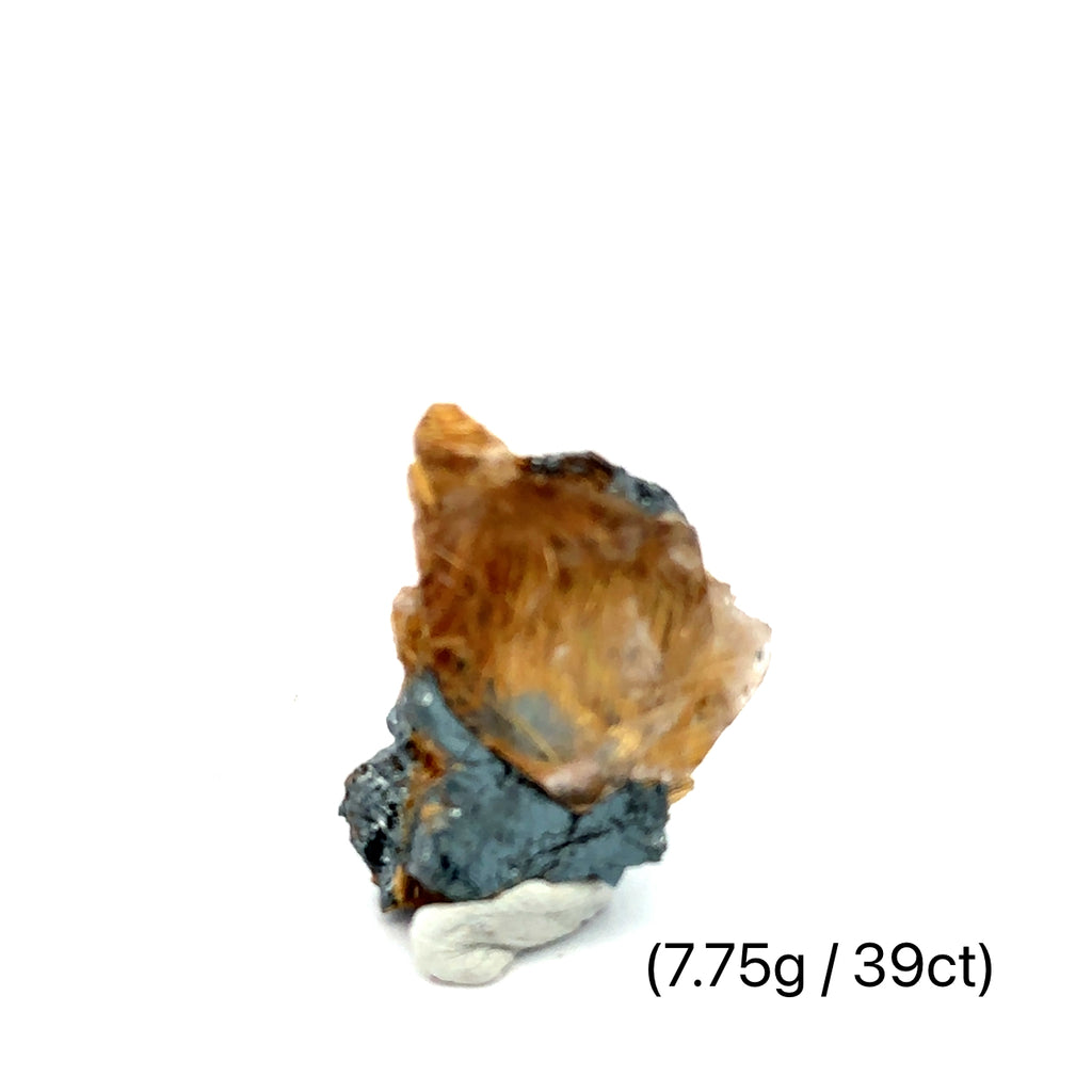Golden Rutile with Hematite Raw Gemstone (7.75g ) on white overview