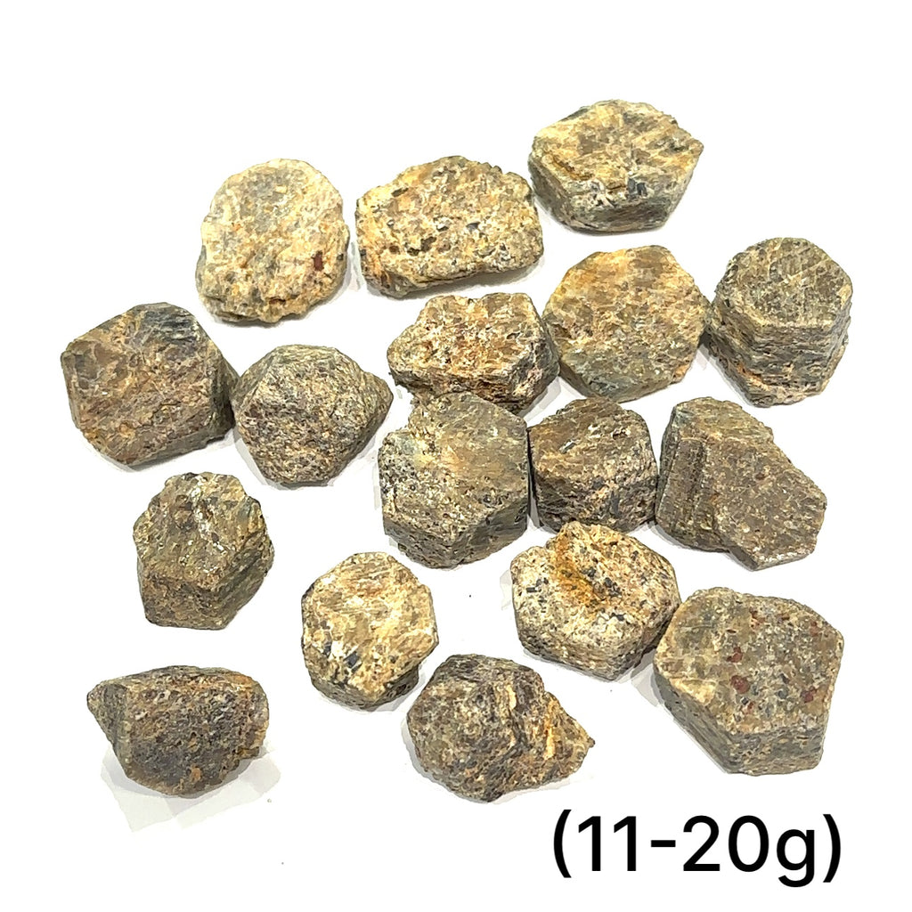 Golden Sapphire raw gemstone with bronze-golden sheen symbolizing strength and prosperity grouping of (11-20g) on white overview