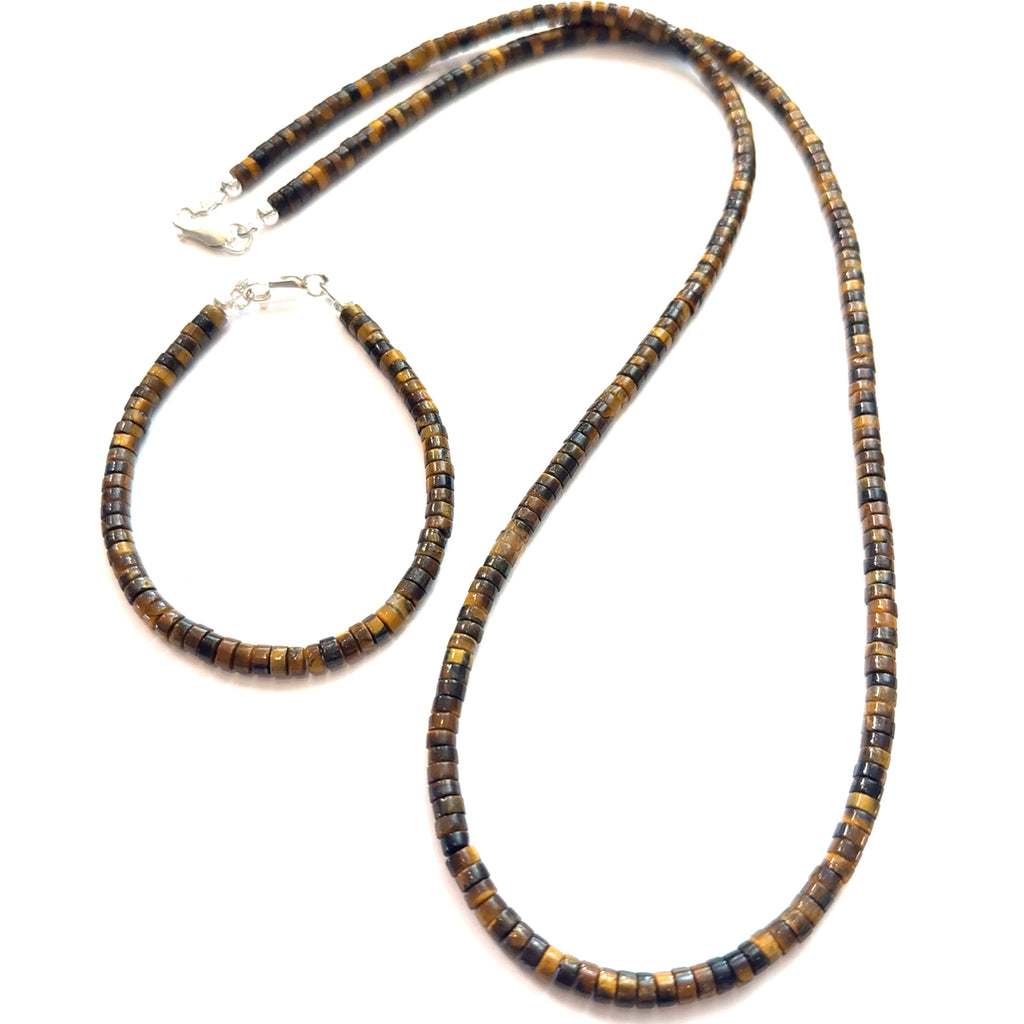 Golden Tiger Eye Gemstone Beaded Necklace with matching bracelet on white right center long over view