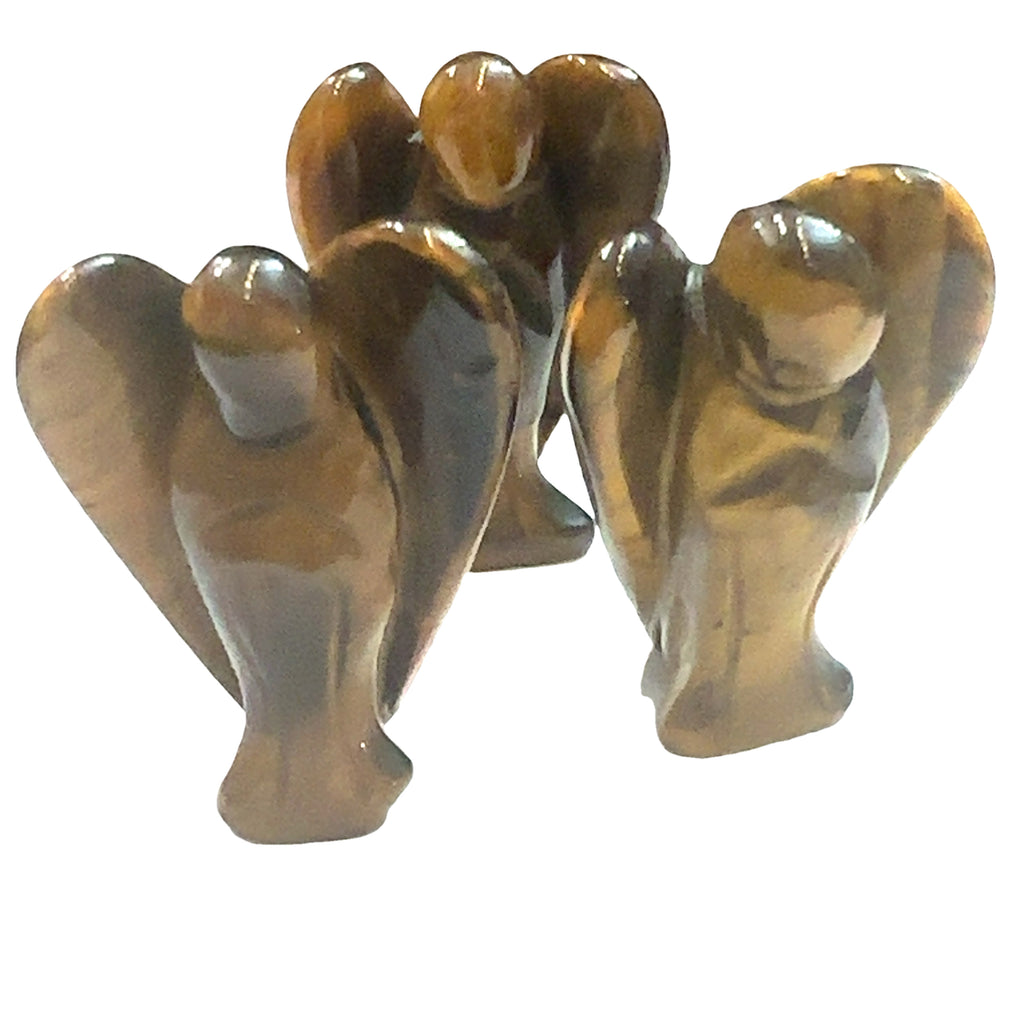 Golden Tiger Eye carved gemstone angel for confidence and vitality on white front view 