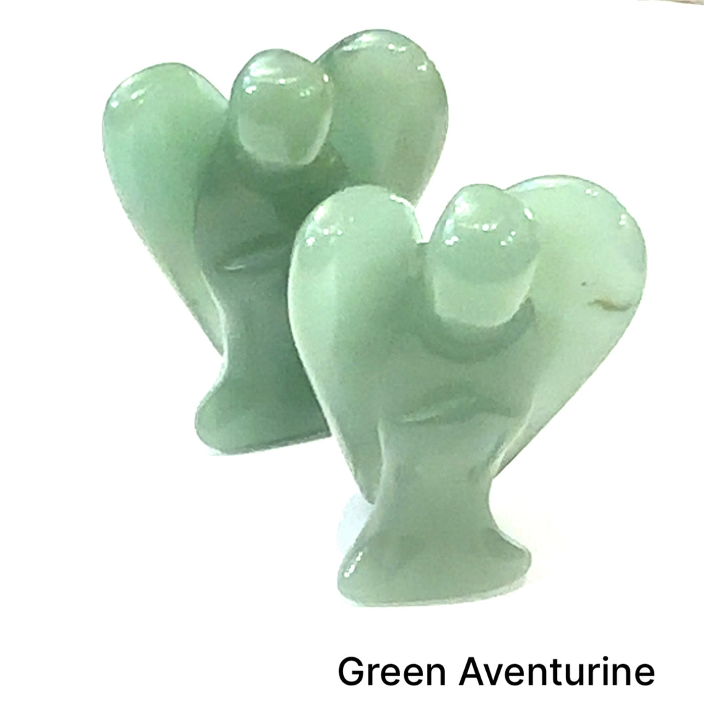 Green Aventurine gemstone angel figurine for prosperity, courage, and leadership on white front view