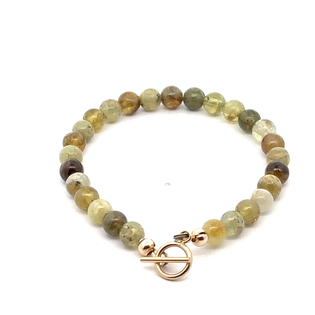 Green Garnet Gemstone Bracelet with toggle on white back overview  