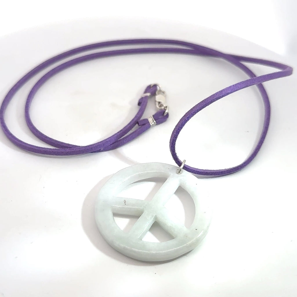 Green Jade Peace Symbol Pendant Necklace on white bottom center overview
