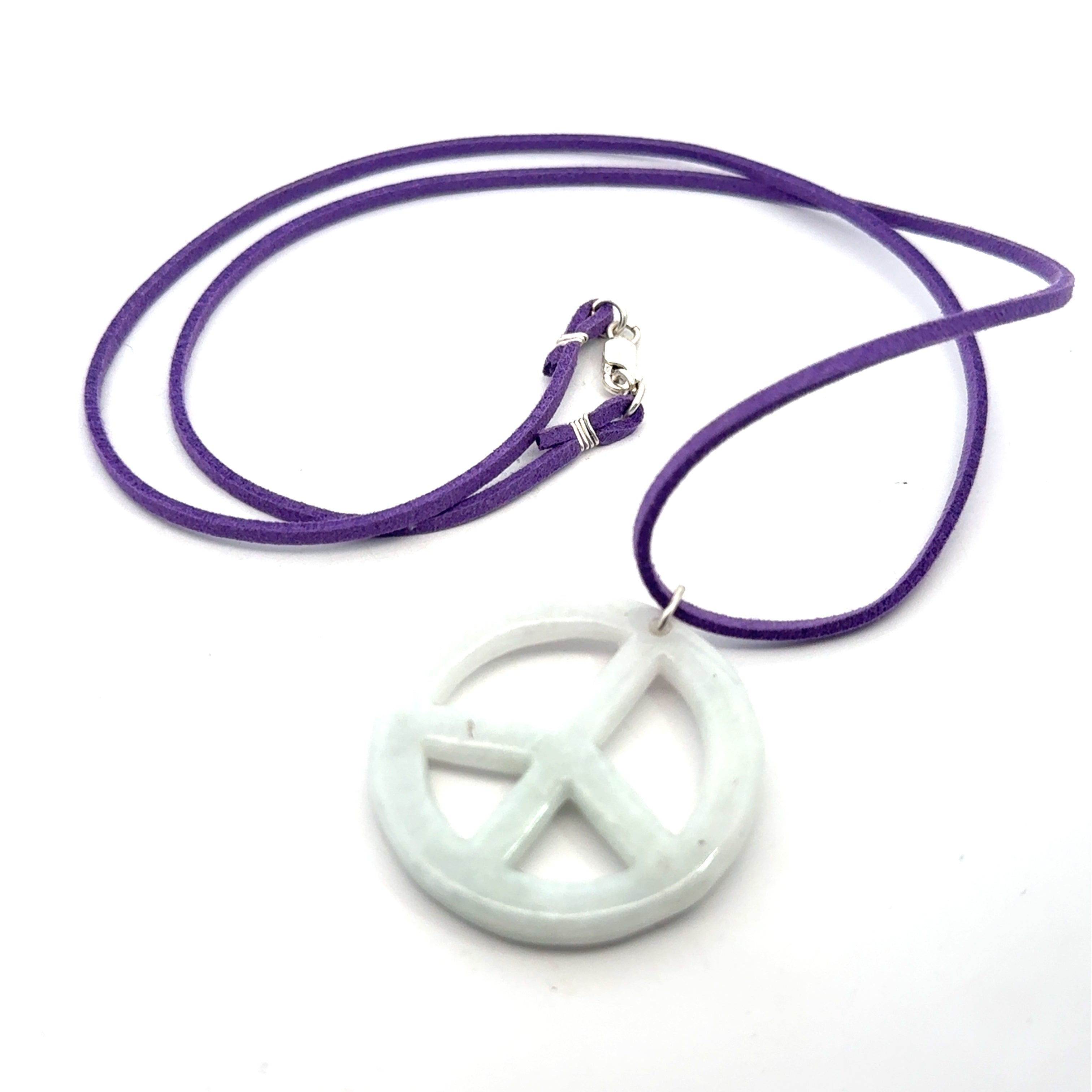 Green Jade Peace Symbol Pendant Necklace on white center overview