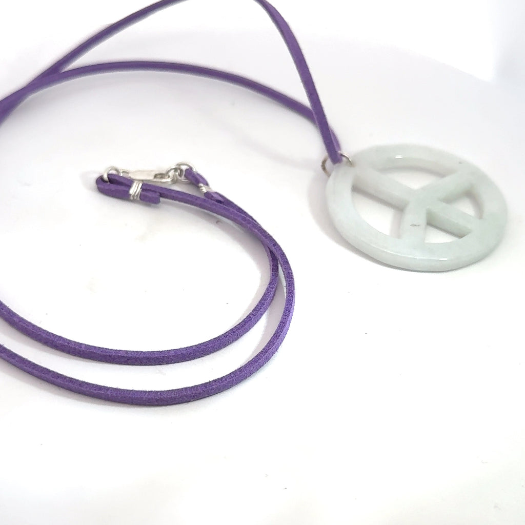 Green Jade Peace Symbol Pendant Necklace on white left side center overview