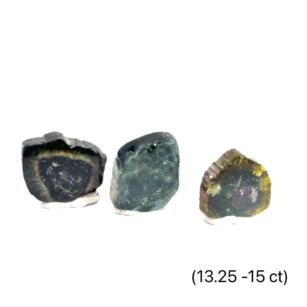 Green Tourmaline Slice grouping 13.25-15ct on white front view