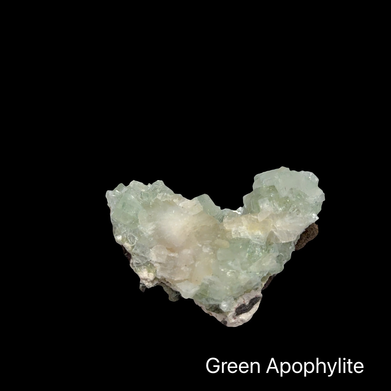 Green apophyllite crystal on a black background with 'Green Apophyllite' front view.