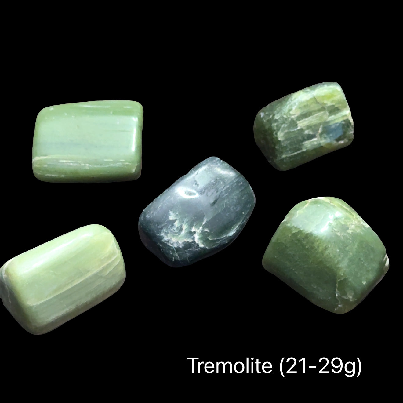 Green tremolite crystal on a black background with a weight of (21-29g), front view.