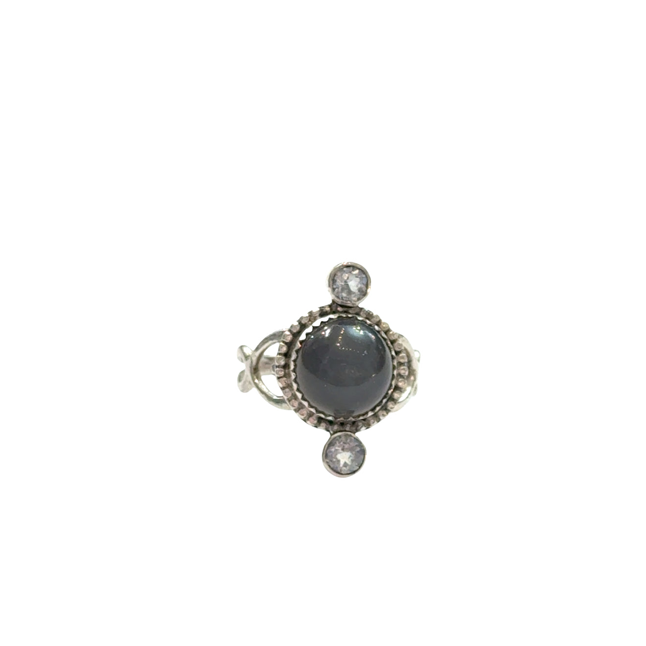 Grey moonstone and blue topaz sterling silver ring, 10mm cabochon center stone, heart-shaped bezel setting, size 6.25, intuition jewelry, on a white background, front view. 