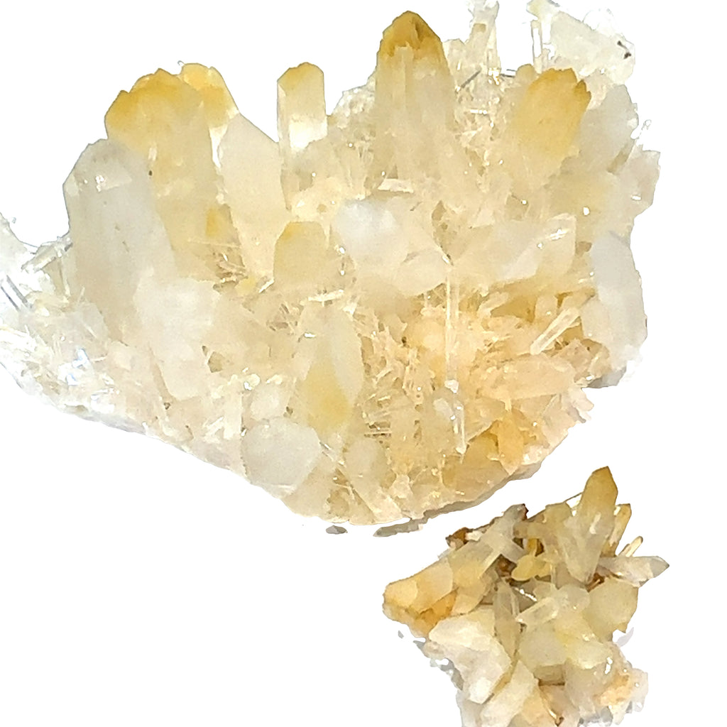 Halloysite‑Included Quartz “Mango Quartz” grouping on white overview