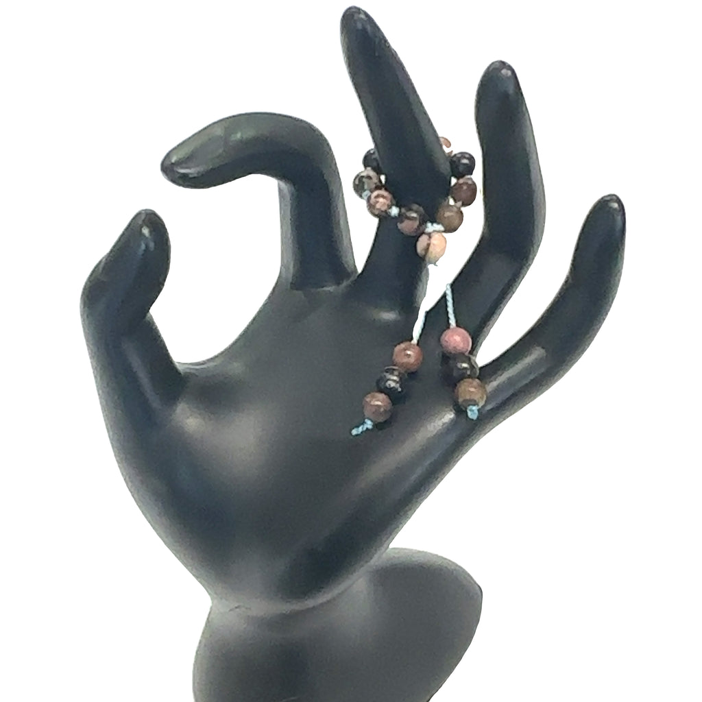 Hand-Knotted Mala Gemstone Rings Rhodonite on white front view